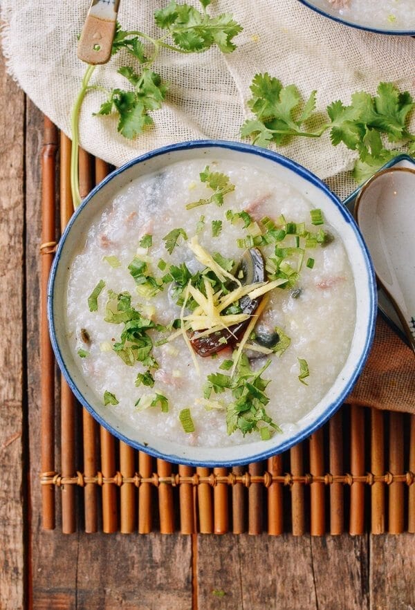 20-Minute Congee with pork and thousand year old egg, by thewoksoflife.com