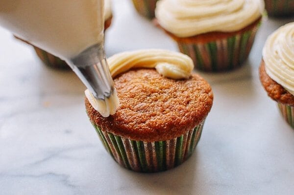 Pumpkin Cupcakes with Maple Vanilla Buttercream, by thewoksoflife.com