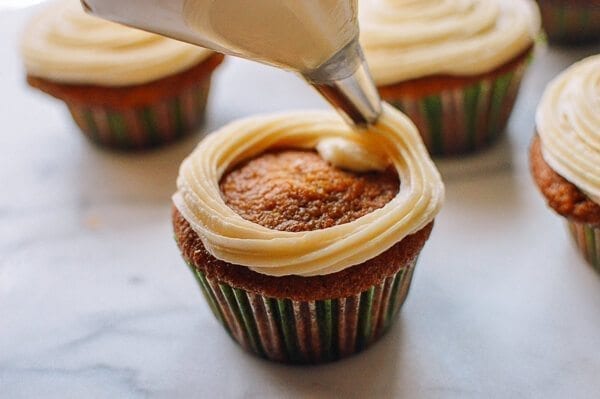 Pumpkin Cupcakes with Maple Vanilla Buttercream, by thewoksoflife.com