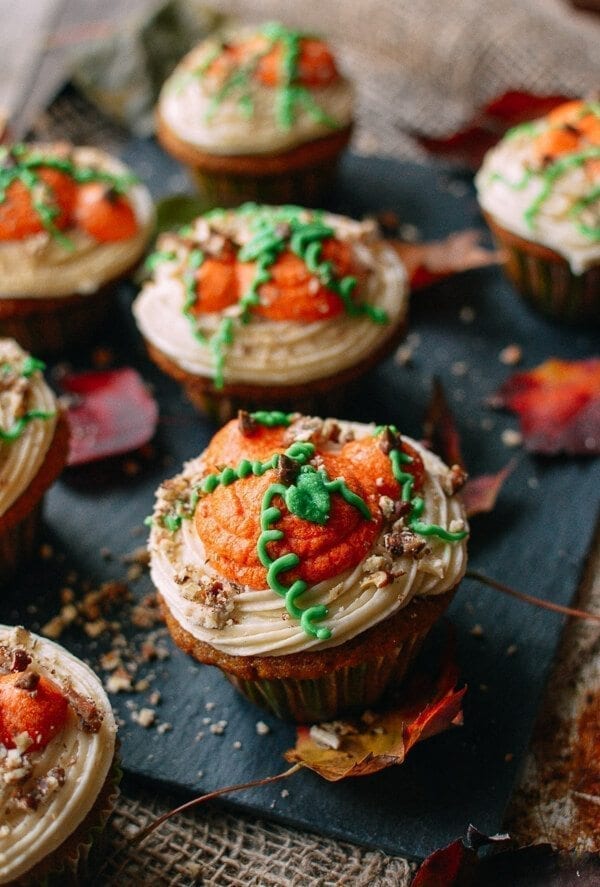 Pumpkin Cupcakes with Maple Vanilla Buttercream, by thewoksoflife.com
