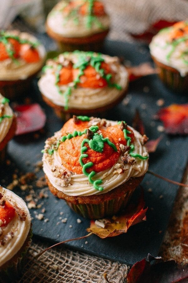 Pumpkin Cupcakes with Maple Vanilla Buttercream, by thewoksoflife.com