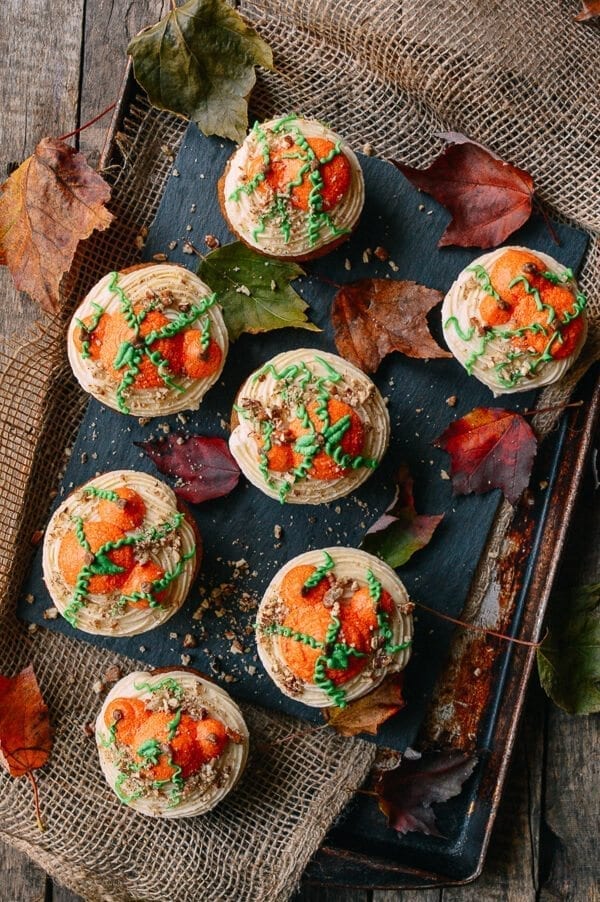 Pumpkin Cupcakes with Maple Vanilla Buttercream, by thewoksoflife.com