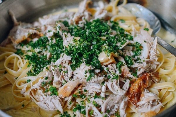 Chicken Fettuccine Alfredo with Roasted Garlic, by thewoksoflife.com