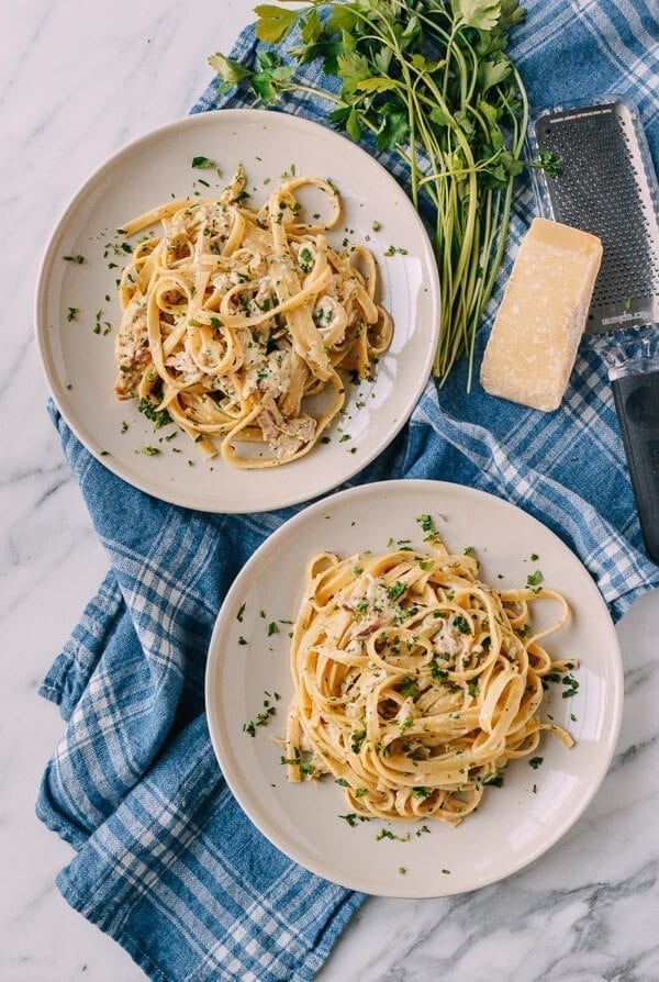 Chicken Fettuccine Alfredo with Roasted Garlic, by thewoksoflife.com