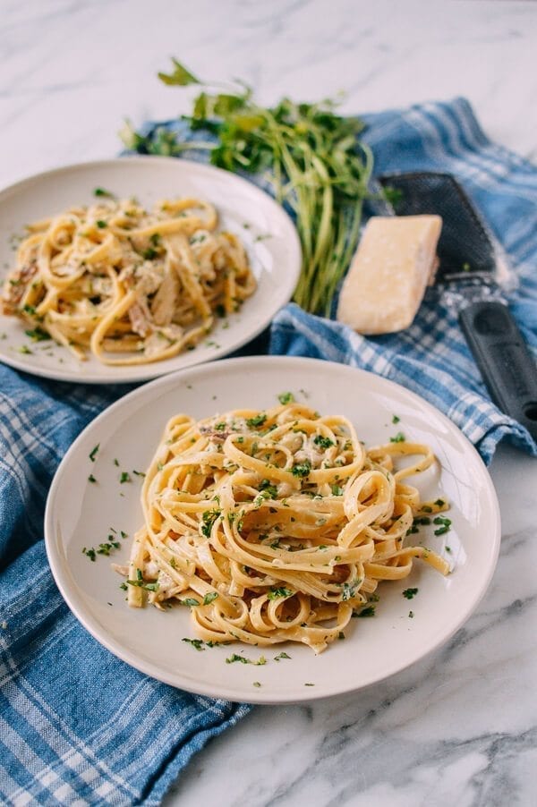 Chicken Fettuccine Alfredo with Roasted Garlic, by thewoksoflife.com