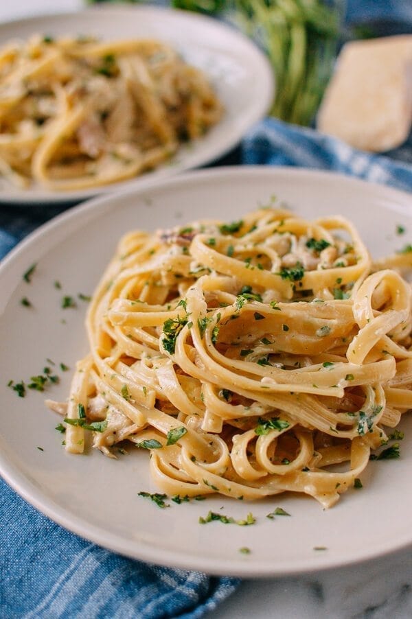 Chicken Fettuccine Alfredo with Roasted Garlic, by thewoksoflife.com