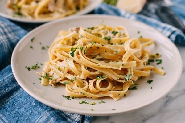 Chicken Fettuccine Alfredo with Roasted Garlic, by thewoksoflife.com