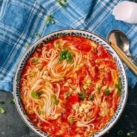 10-Minute Tomato Egg Drop Noodle Soup, by thewoksoflife.com