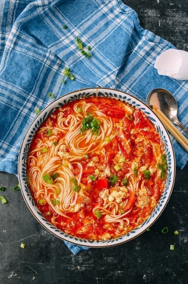 10-Minute Tomato Egg Drop Noodle Soup, by thewoksoflife.com