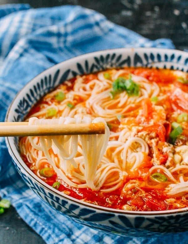 10-Minute Tomato Egg Drop Noodle Soup, by thewoksoflife.com