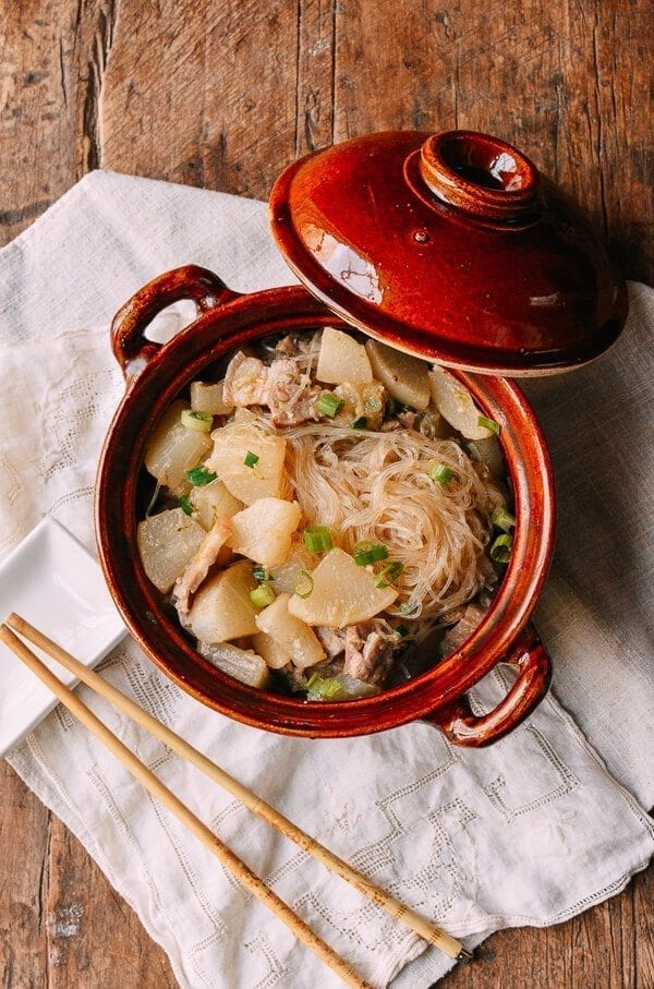 Braised Daikon with Salted Pork & Glass Noodles, by thewoksoflife.com