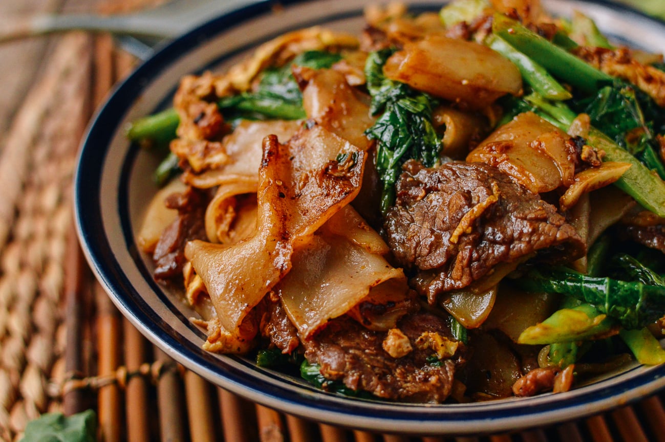 Thai pad see ew with beef, egg, and Chinese broccoli