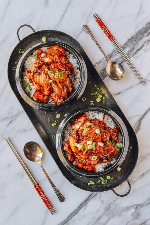 10-Minute Crispy Pork Belly Kimchi Bowls, by thewoksoflife.com