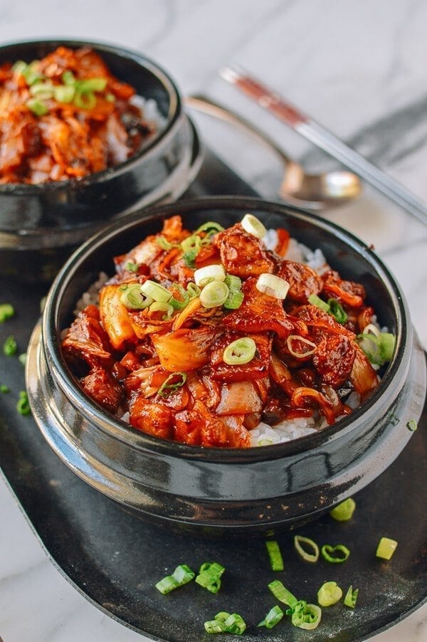 10-Minute Crispy Pork Belly Kimchi Bowls, by thewoksoflife.com