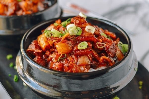 10-Minute Crispy Pork Belly Kimchi Bowls, by thewoksoflife.com