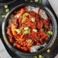 10-Minute Crispy Pork Belly Kimchi Bowls, by thewoksoflife.com