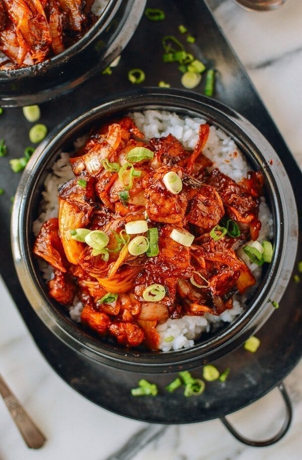 10-Minute Crispy Pork Belly Kimchi Bowls, by thewoksoflife.com