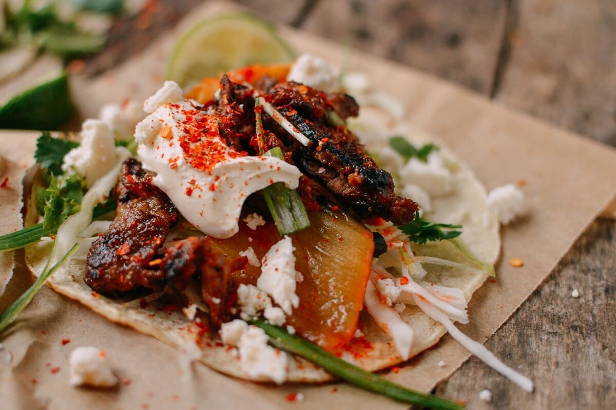 Beef Bulgogi Tacos - Korean Mexican Fusion, by thewoksoflife.com