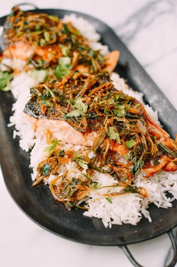 Crispy Scallion Ginger Salmon, by thewoksoflife.com