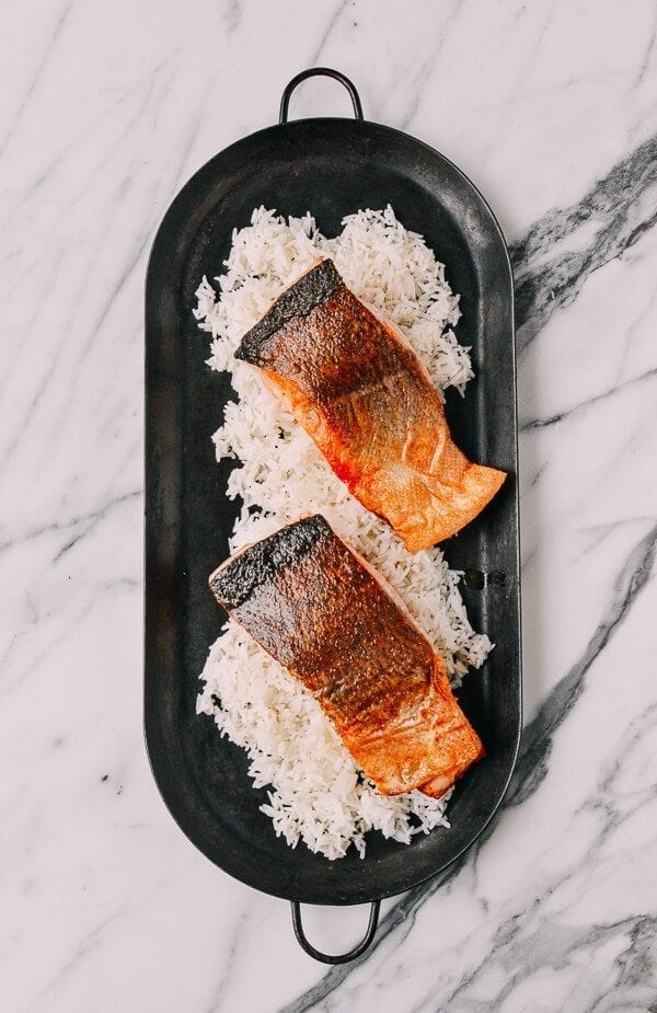 Crispy Scallion Ginger Salmon, by thewoksoflife.com