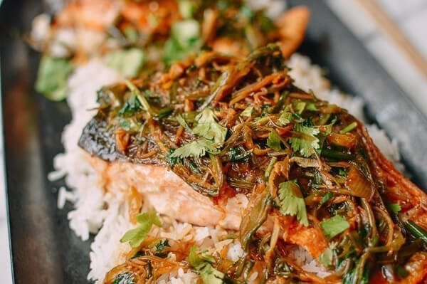 Crispy Scallion Ginger Salmon, by thewoksoflife.com
