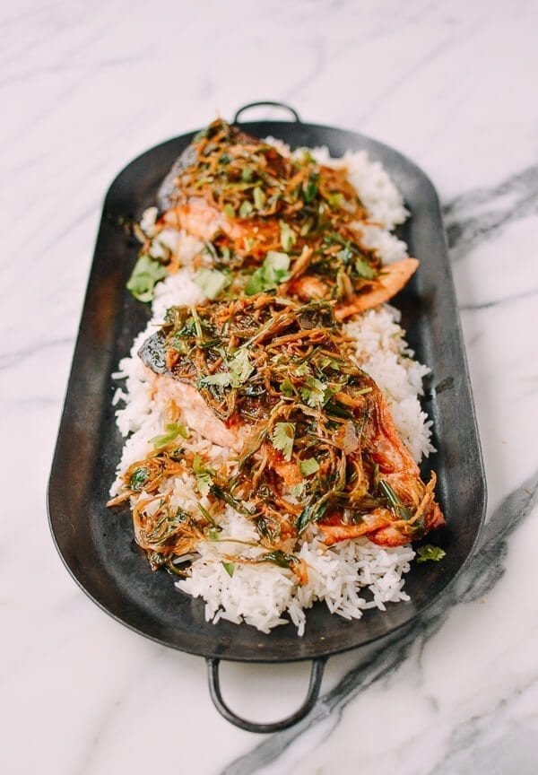 Crispy Scallion Ginger Salmon, by thewoksoflife.com