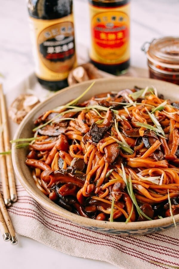 Soy Sauce Braised Wild Mushroom Noodles, by thewoksoflife.com