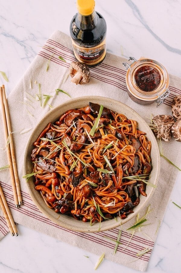 Soy Sauce Braised Wild Mushroom Noodles, by thewoksoflife.com