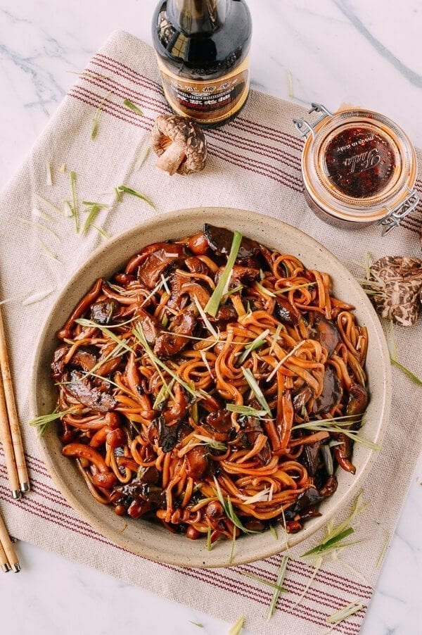 Soy Sauce Braised Wild Mushroom Noodles, by thewoksoflife.com