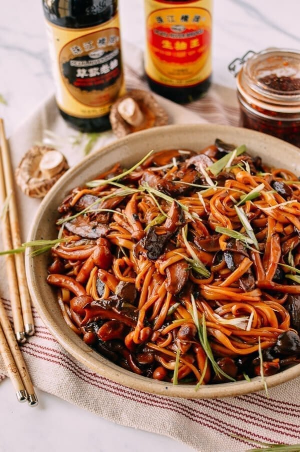 Soy Sauce Braised Wild Mushroom Noodles, by thewoksoflife.com
