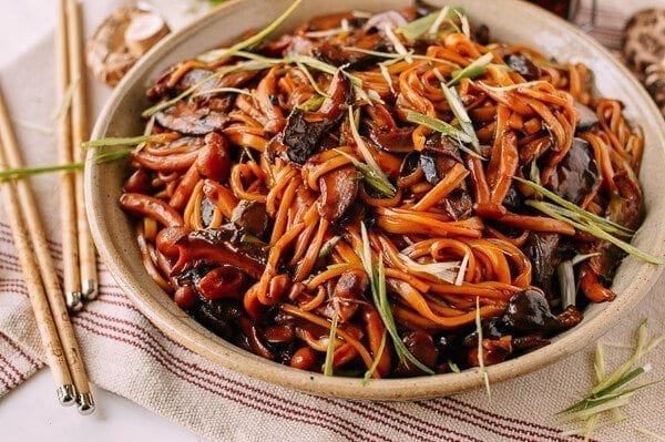 Soy Sauce Braised Wild Mushroom Noodles, by thewoksoflife.com