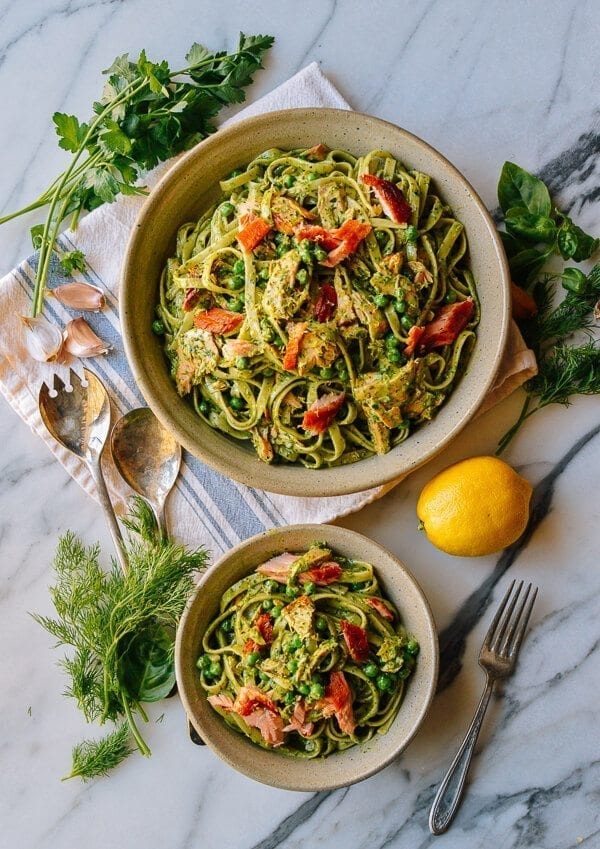 Salmon Pasta with Green Goddess Pesto, by thewoksoflife.com