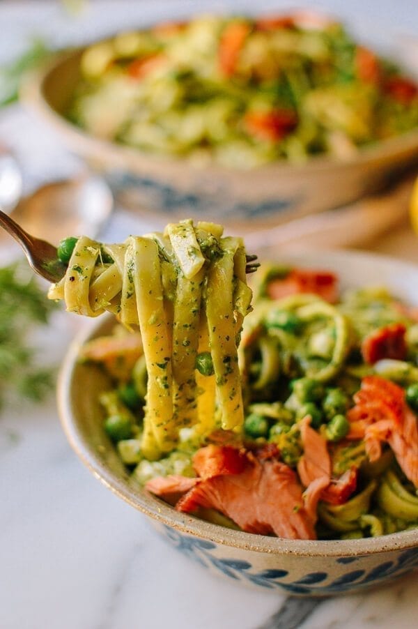 Salmon Pasta with Green Goddess Pesto, by thewoksoflife.com