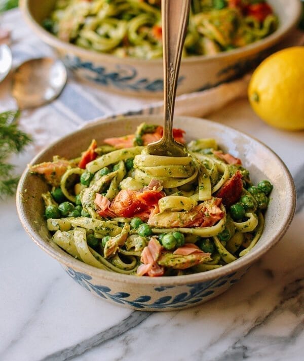 Salmon Pasta with Green Goddess Pesto, by thewoksoflife.com