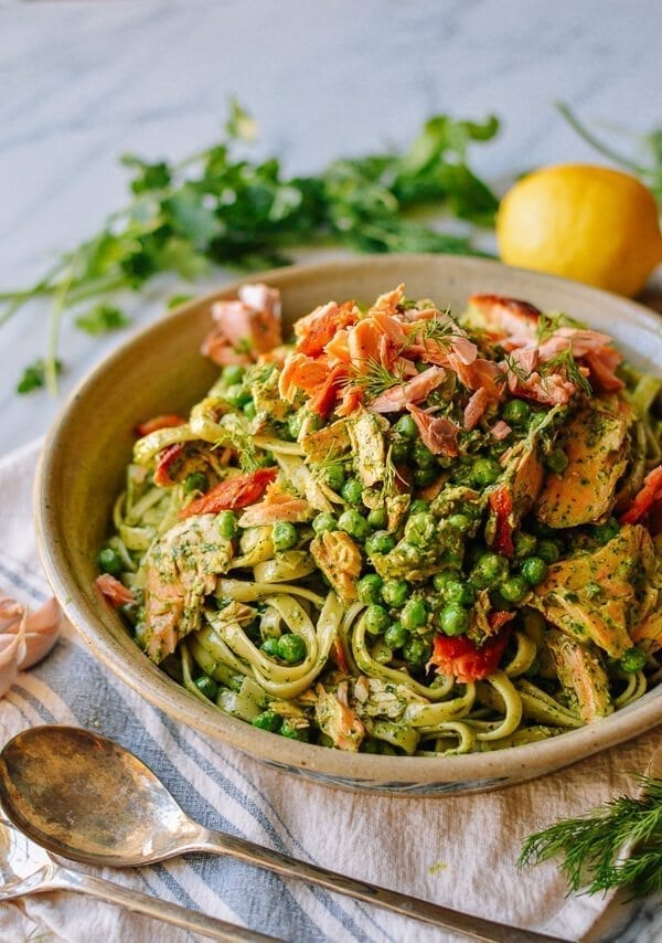 Salmon Pasta with Green Goddess Pesto, by thewoksoflife.com