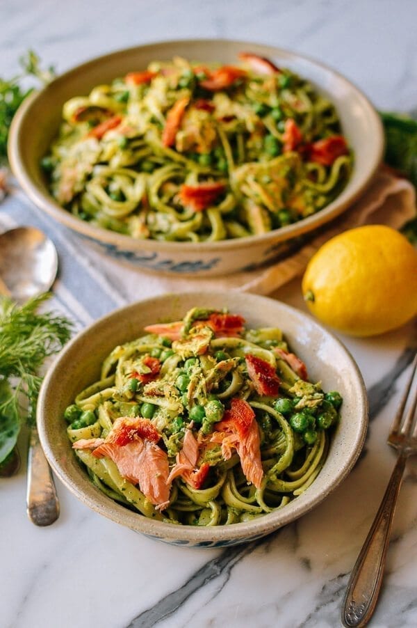 Salmon Pasta with Green Goddess Pesto, by thewoksoflife.com