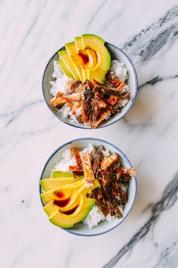Crispy Salmon Skin Rice Bowls, by thewoksoflife.com