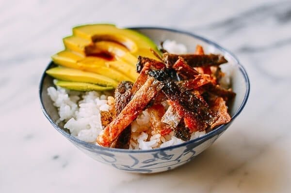 Crispy Salmon Skin Rice Bowls, by thewoksoflife.com