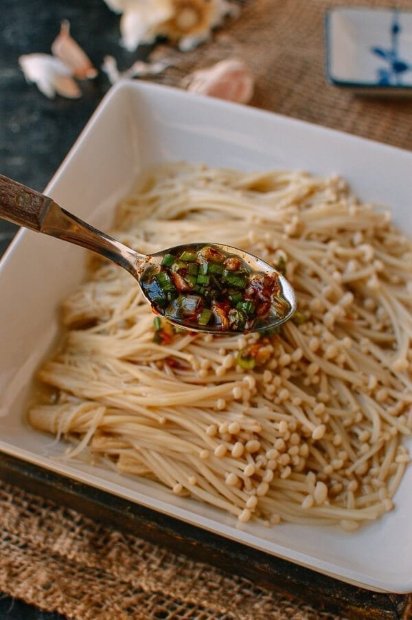 Enoki Mushrooms with Garlic & Scallion Sauce, by thewoksoflife.com