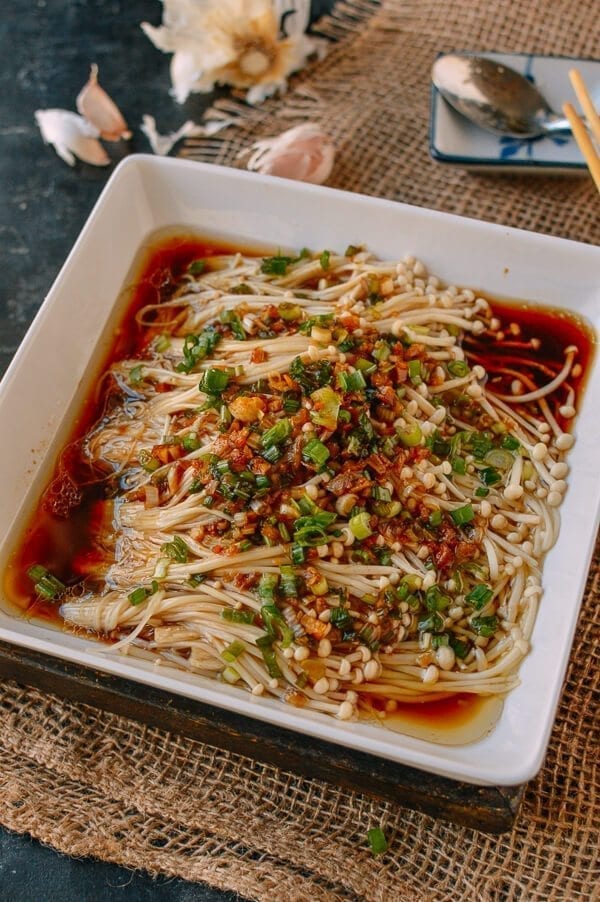 Enoki Mushrooms with Garlic & Scallion Sauce, by thewoksoflife.com