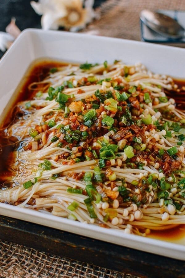 Enoki Mushrooms with Garlic & Scallion Sauce, by thewoksoflife.com