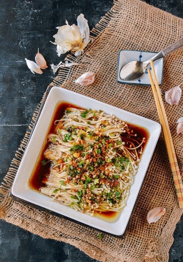 Enoki Mushrooms with Garlic & Scallion Sauce, by thewoksoflife.com
