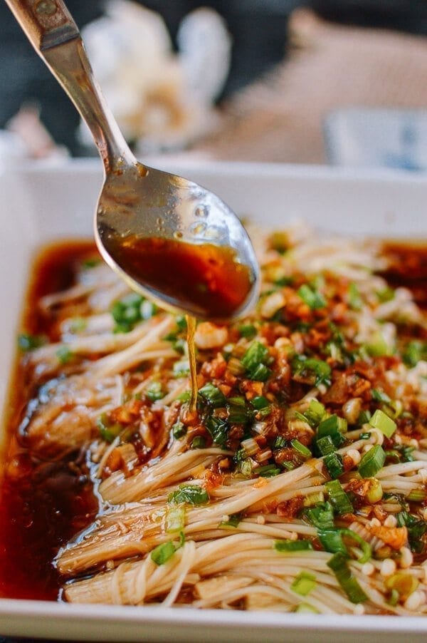 Enoki Mushrooms with Garlic & Scallion Sauce, by thewoksoflife.com