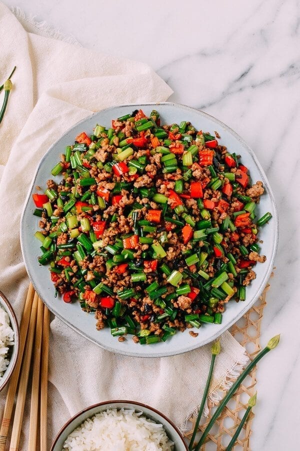 garlic chive stir fry with Pork, by thewoksoflife.com