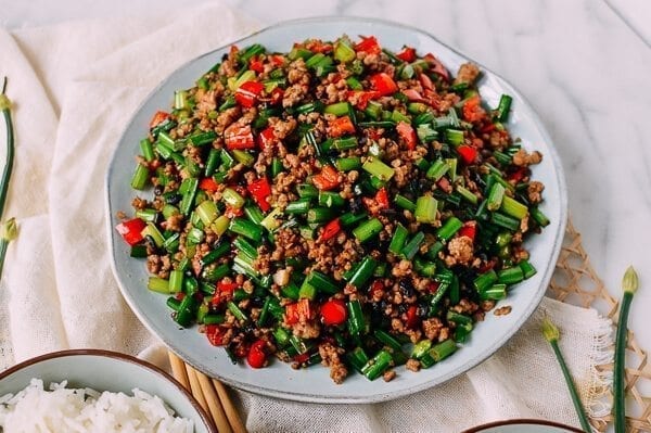 Garlic Chives with Pork, by thewoksoflife.com