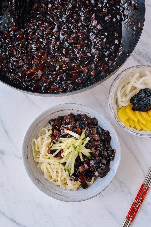 Korean Black Bean Noodles (Jajangmyeon), by thewoksoflife.com