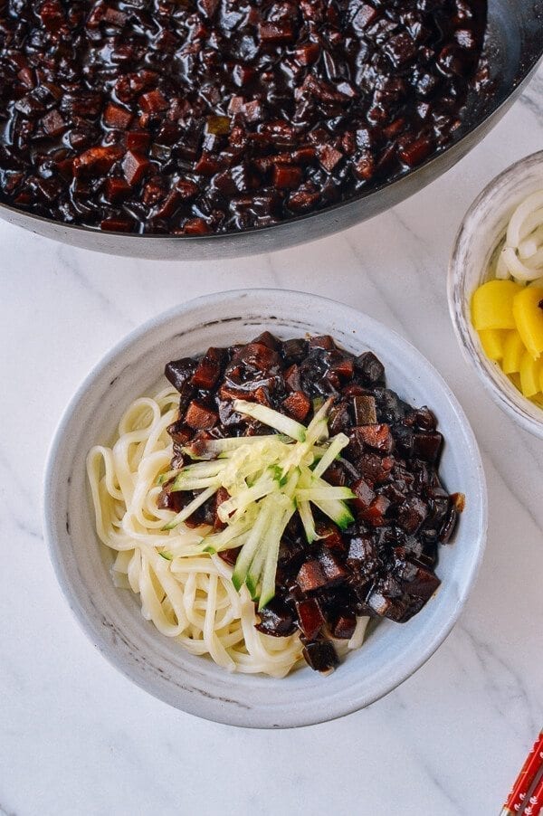 Korean Black Bean Noodles (Jajangmyeon), by thewoksoflife.com