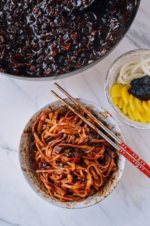 Korean Black Bean Noodles (Jajangmyeon), by thewoksoflife.com