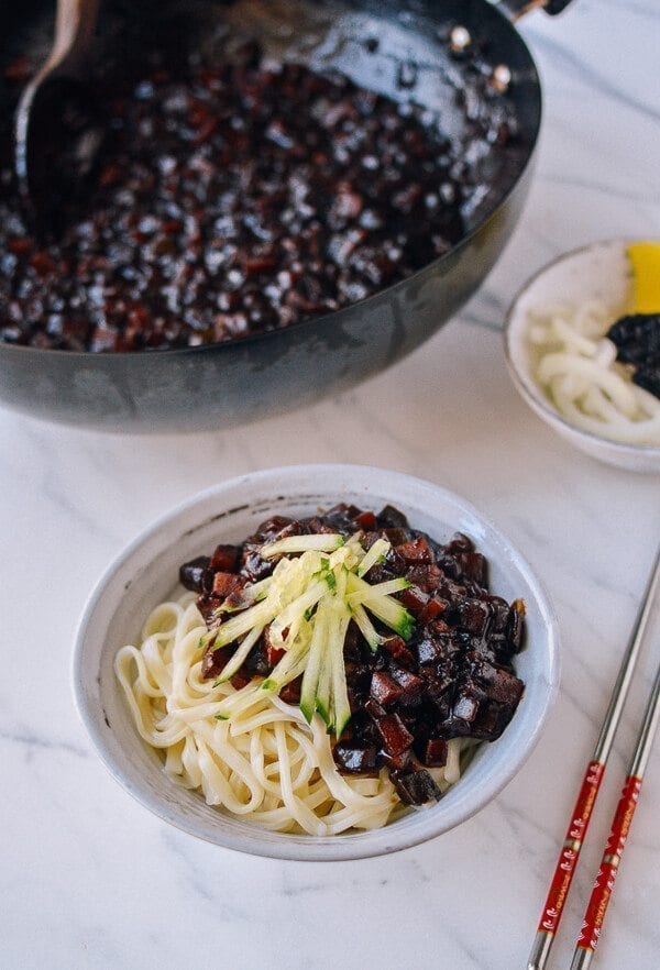 Korean Black Bean Noodles (Jajangmyeon), by thewoksoflife.com