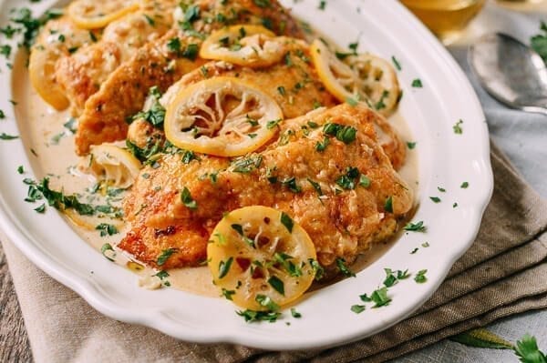Chicken Francese on serving platter, by thewoksoflife.com